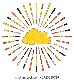 Sketch map of Bhutan with sunburst rays in flag colors on a white background. Vector illustration.