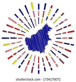 Sketch map of Borneo with a sunburst in flag colors on a white background. Hand-drawn Borneo shape with sun rays. Vector illustration.