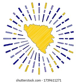 Sketch map of Bosnia. Sunburst around the country in flag colors. Hand drawn Bosnia shape with sun rays on white background. Vector illustration.