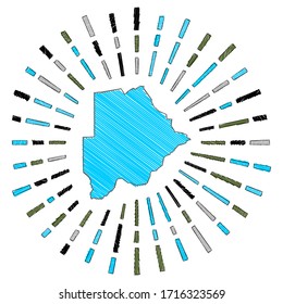 Sketch map of Botswana. Sunburst around the country in flag colors. Hand drawn Botswana shape with sun rays on white background. Vector illustration.
