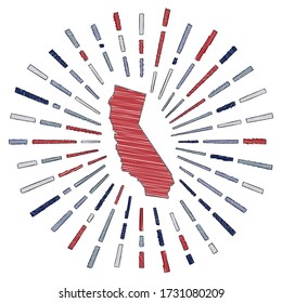 Sketch map of California. Sunburst around the us state in flag colors. Hand drawn California shape with sun rays on white background. Vector illustration.