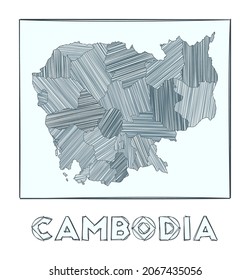 Mapa de boceto de Camboya. Mapa dibujado a mano en escala de grises del país. Regiones llenas con rayas de hachure. Ilustración vectorial.
