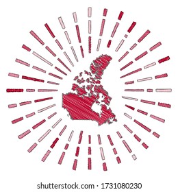 Sketch map of Canada. Sunburst around the country in flag colors. Hand drawn Canada shape with sun rays on white background. Vector illustration.