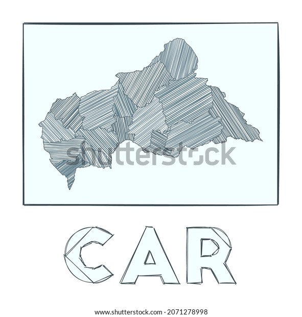 Sketch map of\
CAR. Grayscale hand drawn map of the country. Filled regions with\
hachure stripes. Vector\
illustration.