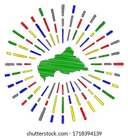 Sketch map of CAR. Sunburst around the country in flag colors. Hand drawn CAR shape with sun rays on white background. Vector illustration.