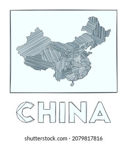 Skizze Karte von China. Graustufen handgezeichnete Landkarte. Gefüllte Regionen mit harten Streifen. Vektorgrafik.
