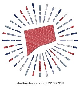 Sketch map of Connecticut. Sunburst around the us state in flag colors. Hand drawn Connecticut shape with sun rays on white background. Vector illustration.