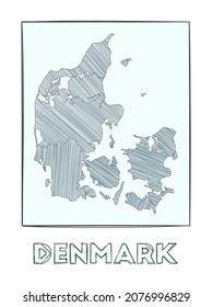 Sketch map of Denmark. Grayscale hand-drawn map of the country with filled regions and hachure stripes. Vector illustration.