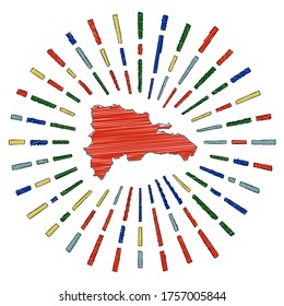 Sketch map of Dominicana. Sunburst around the country in flag colors. Hand drawn Dominicana shape with sun rays on white background. Vector illustration.