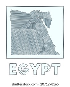 Mapa de boceto de Egipto. Mapa dibujado a mano en escala de grises del país. Regiones llenas con rayas de hachure. Ilustración vectorial.