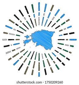 Sketch map of Estonia with a sunburst in flag colors. Hand-drawn Estonia shape with sun rays on a white background. Vector illustration.