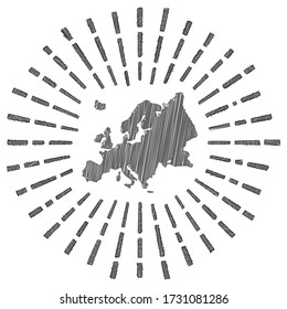 Sketch map of Europe with a sunburst effect around the continent in flag colors. Hand-drawn Europe shape with sun rays on a white background. Vector illustration.