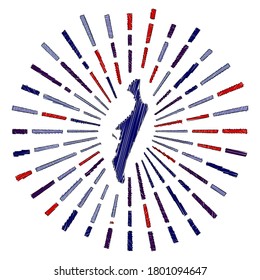 Sketch map of Fraser Island with a sunburst design in flag colors. Hand-drawn illustration of Fraser Island with sun rays on a white background. Vector artwork.