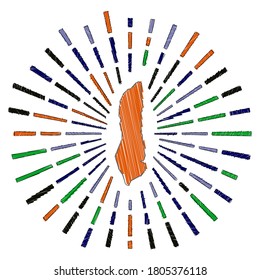 Sketch map of Grand Turk Island. Sunburst around the island in flag colors. Hand drawn Grand Turk shape with sun rays on white background. Vector illustration.