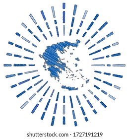 Sketch map of Greece. Sunburst around the country in flag colors. Hand drawn Greece shape with sun rays on white background. Vector illustration.
