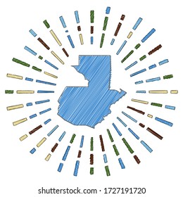 Sketch map of Guatemala with a sunburst in flag colors. Hand-drawn Guatemala shape with sun rays on a white background. Vector illustration.