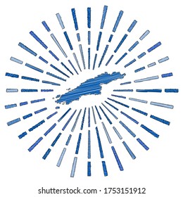 Sketch map of Hydra. Sunburst around the island in flag colors. Hand drawn Hydra shape with sun rays on white background. Vector illustration.