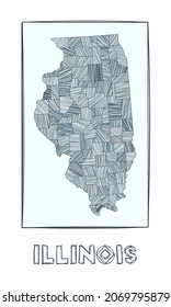 Sketch map of Illinois. Grayscale hand-drawn map of the US state. Filled regions with hachure stripes. Vector illustration.