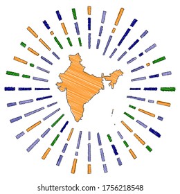 Sketch map of India. Sunburst around the country in flag colors. Hand drawn India shape with sun rays on white background. Vector illustration.