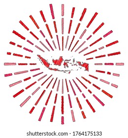Sketch map of Indonesia. Sunburst around the country in flag colors. Hand drawn Indonesia shape with sun rays on white background. Vector illustration.