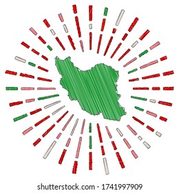 Sketch map of Iran. Sunburst around the country in flag colors. Hand drawn Iran shape with sun rays on white background. Vector illustration.
