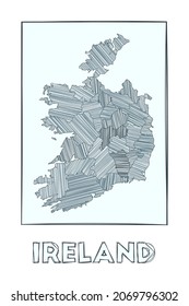 Mapa de esbozos de Irlanda. Mapa dibujado a mano en escala de grises del país. Regiones llenas con rayas de hachure. Ilustración vectorial.