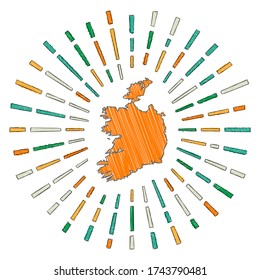 Sketch map of Ireland. Sunburst around the country in flag colors. Hand drawn Ireland shape with sun rays on white background. Vector illustration.