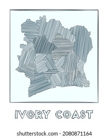 Sketch map of Ivory Coast. Grayscale hand-drawn map of the country. Filled regions with hachure stripes. Vector illustration.