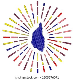 Sketch map of Kapas Island. Sunburst around the island in flag colors. Hand drawn Kapas shape with sun rays on white background. Vector illustration.