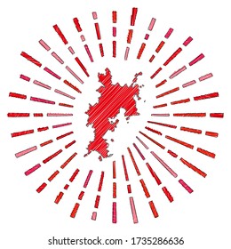 Sketch map of Komodo. Sunburst around the island in flag colors. Hand drawn Komodo shape with sun rays on white background. Vector illustration.