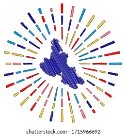 Sketch map of Krk. Sunburst around the island in flag colors. Hand drawn Krk shape with sun rays on white background. Vector illustration.