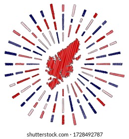 Sketch map of Lewis and Harris. Sunburst around the island in flag colors. Hand drawn Lewis and Harris shape with sun rays on white background. Vector illustration.