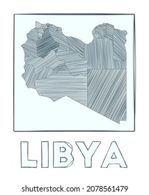 Mapa de boceto de Libia. Mapa dibujado a mano en escala de grises del país. Regiones llenas con rayas de hachure. Ilustración vectorial.