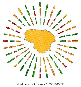 Mapa de boceto de Lituania. El sol arde por todo el país con los colores de la bandera. Forma de Lituania dibujada a mano con rayos solares sobre fondo blanco. Ilustración vectorial.