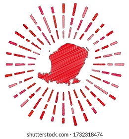 Sketch map of Lombok. Sunburst around the island in flag colors. Hand drawn Lombok shape with sun rays on white background. Vector illustration.