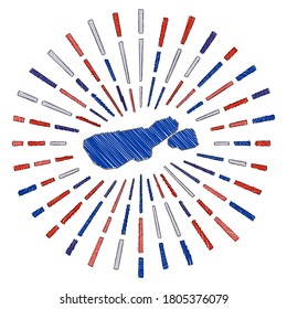 Sketch map of Madre de Dios Island. Sunburst around the island in flag colors. Hand drawn Madre de Dios shape with sun rays on white background. Vector illustration.