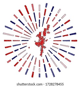 Sketch map of Mainland. Sunburst around the island in flag colors. Hand drawn Mainland shape with sun rays on white background. Vector illustration.