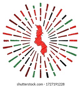 Sketch map of Malawi with a sunburst in flag colors on a white background. Hand-drawn vector illustration.