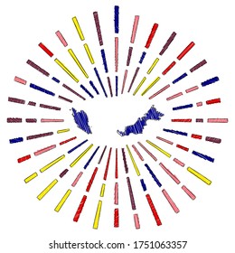 Sketch map of Malaysia. Sunburst around the country in flag colors. Hand drawn Malaysia shape with sun rays on white background. Vector illustration.