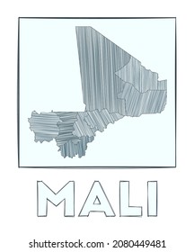 Sketch map of Mali. Grayscale hand-drawn map of the country. Filled regions with hachure stripes. Vector illustration.