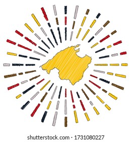 Sketch map of Mallorca. Sunburst around the island in flag colors. Hand drawn Mallorca shape with sun rays on white background. Vector illustration.