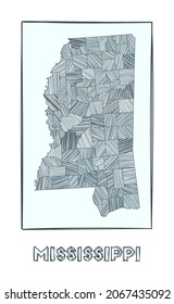 Sketch map of Mississippi. Grayscale hand drawn map of the us state. Filled regions with hachure stripes. Vector illustration.