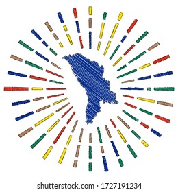 Sketch map of Moldova. Sunburst around the country in flag colors. Hand drawn Moldova shape with sun rays on white background. Vector illustration.