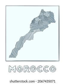Sketch map of Morocco. Grayscale hand drawn map of the country. Filled regions with hachure stripes. Vector illustration.