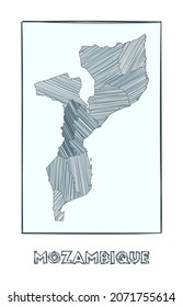 Sketch map of Mozambique. Grayscale hand-drawn map of the country. Filled regions with hachure stripes. Vector illustration.