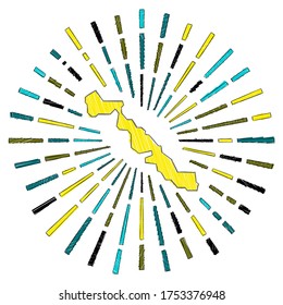 Sketch map of Musha Cay. Sunburst around the island in flag colors. Hand-drawn Musha Cay shape with sun rays on white background. Vector illustration.