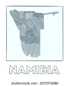 Sketch map of Namibia. Grayscale hand-drawn map of the country. Filled regions with hachure stripes. Vector illustration.