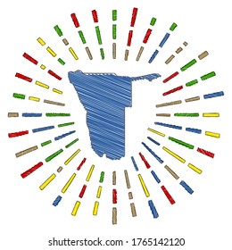 Sketch map of Namibia. Sunburst around the country in flag colors. Hand drawn Namibia shape with sun rays on white background. Vector illustration.