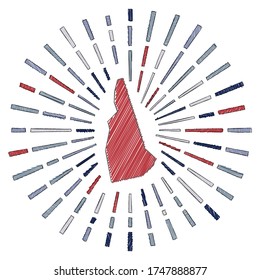 Sketch map of New Hampshire. Sunburst around the US state in flag colors. Hand-drawn New Hampshire shape with sun rays on white background. Vector illustration.