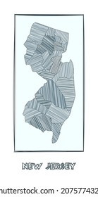 Skizzenplan von New Jersey. Graustufen handgezeichnete Karte des uns-Zustands. Gefüllte Regionen mit harten Streifen. Vektorgrafik.